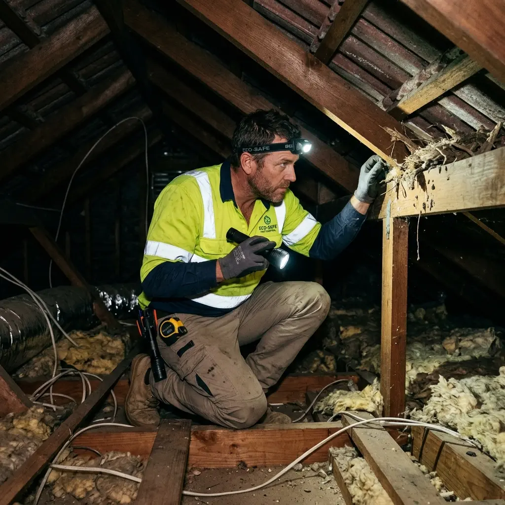 Technician inspecting a roof cavity for a dead animal in Pearcedale
